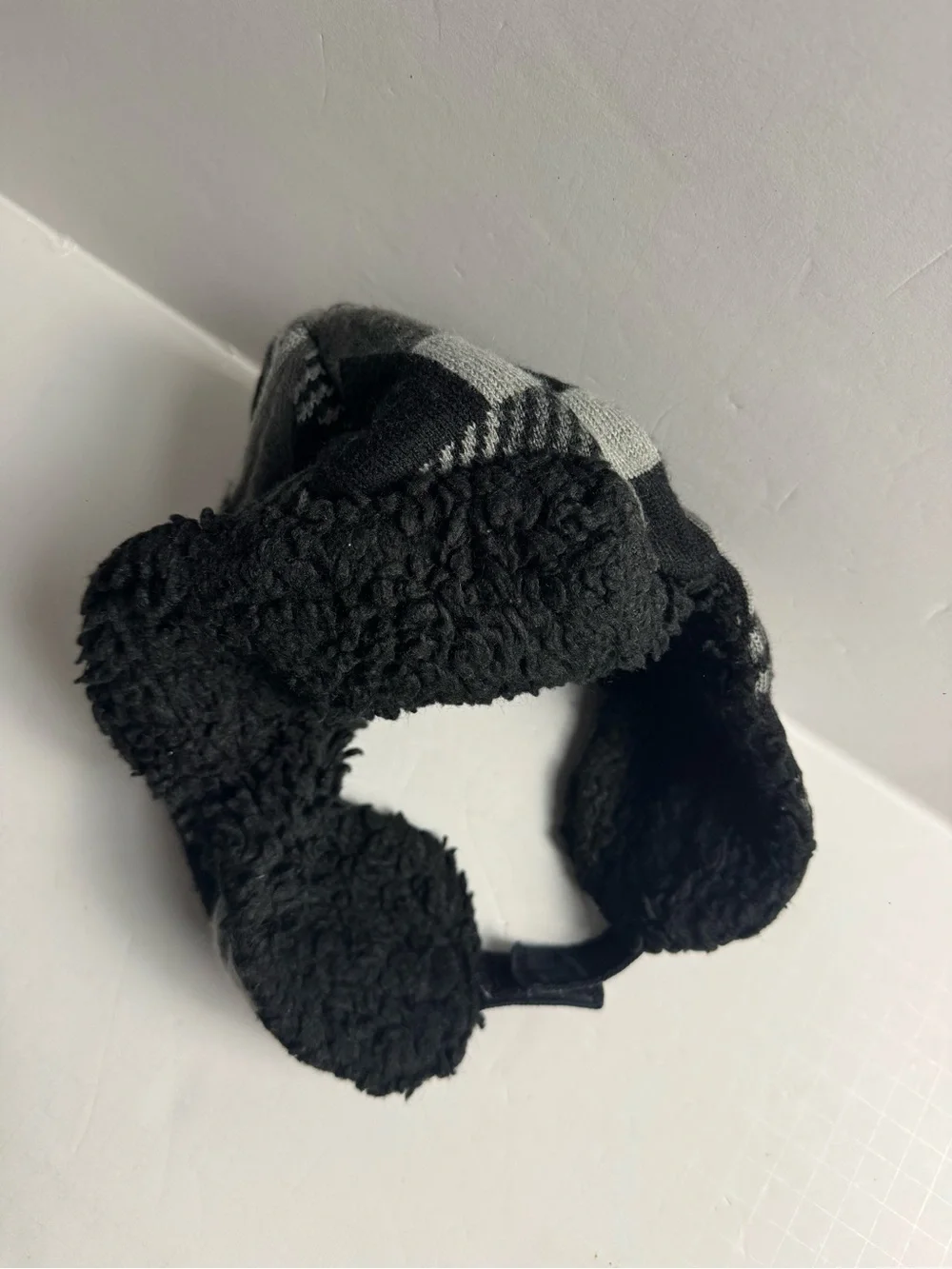 Black Plaid Sherpa-Lined Kids Trapper Hat